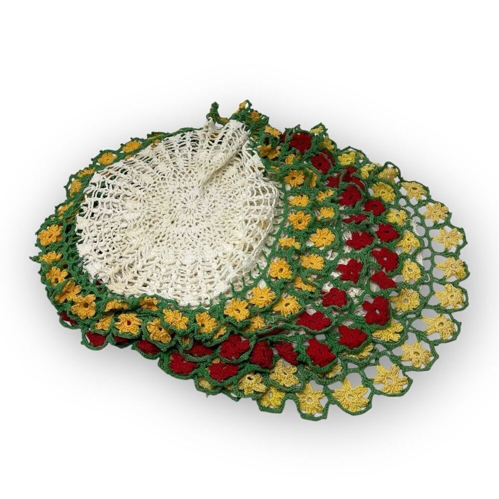 Vintage Floral Crochet Lace Round Placemat Hollow Weave Doilies Lot of 6 Flawed